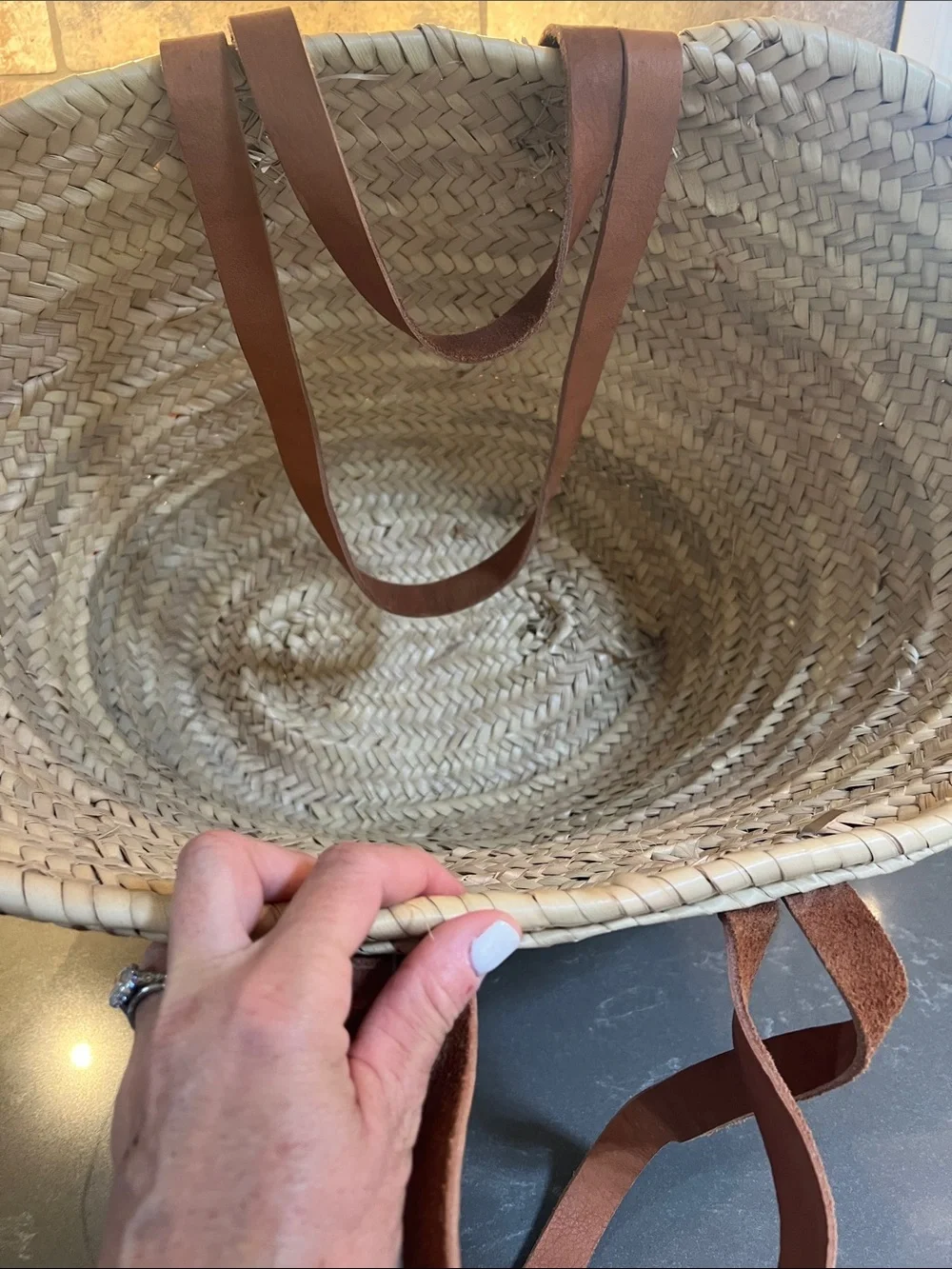 Woven French Market Tote with Brown Suede Handles - Picture 2 of 4